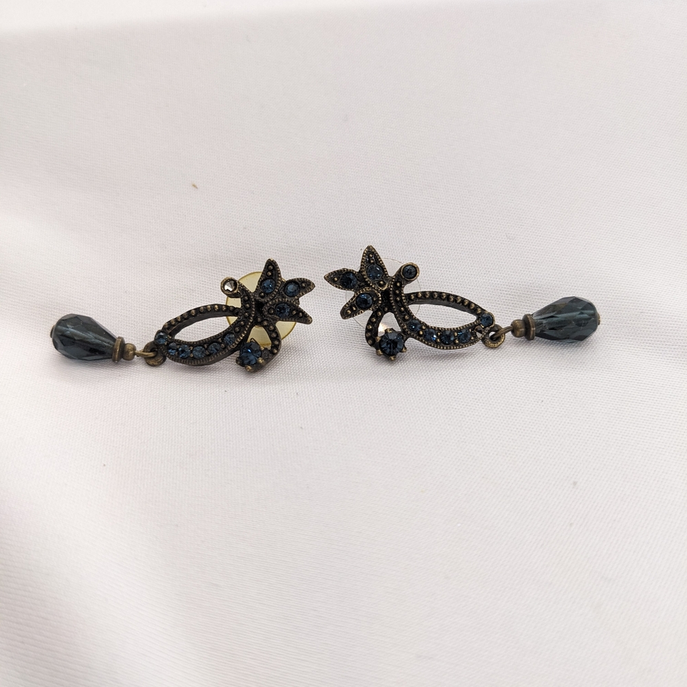 Czech Boho Style Blue Rhinestone Floral Drop Earrings
